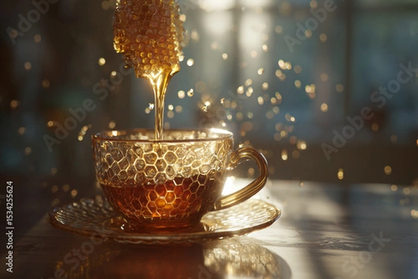 Obraz Honeycomb dripping honey into a decorative cup on a matching saucer plate