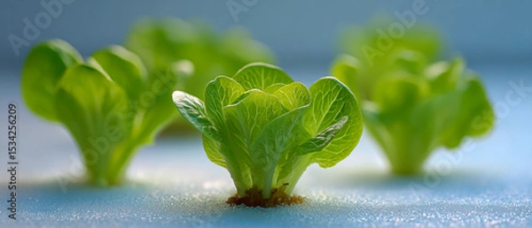 Obraz Close up shot of fresh green lettuce growing indoors in a hydroponic system