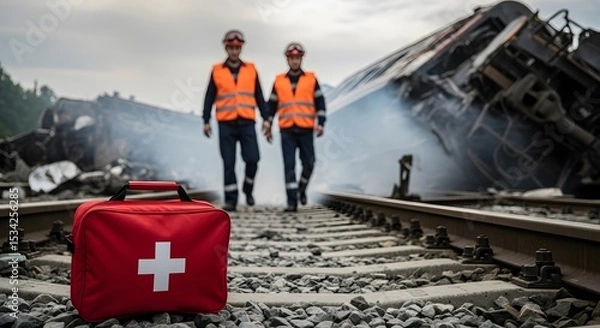 Fototapeta Emergency First Aid Kit on Railway Tracks near a Train Wreckage Workers Approach