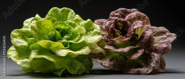 Obraz Close up studio shot of two heads of butter lettuce one green and one red leaf