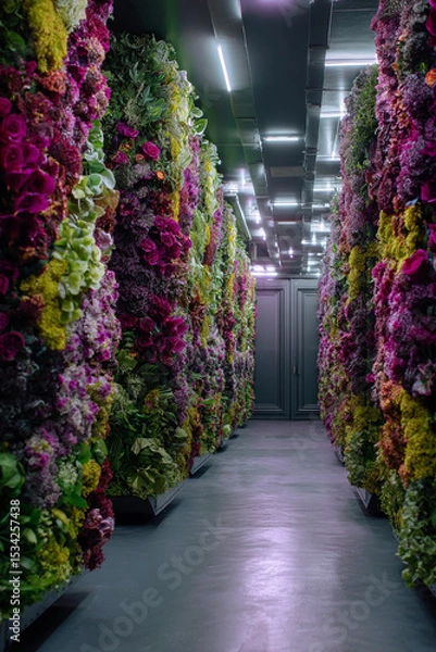 Obraz Hallway lined with vibrant floral displays leading to a gray double door end