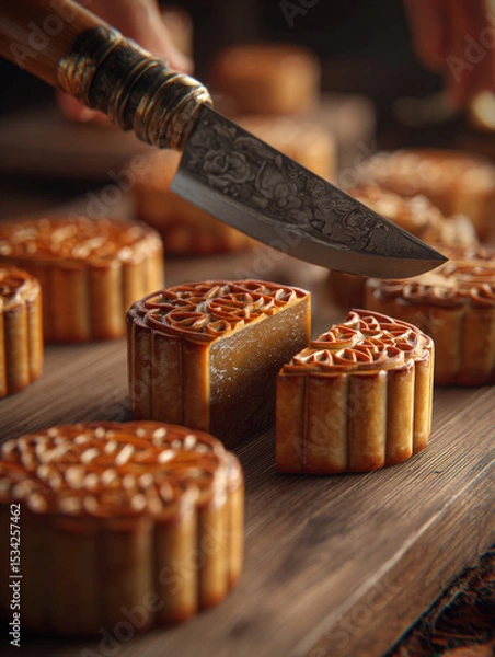 Obraz Close up of a knife cutting a mooncake on a wooden surface with other mooncakes