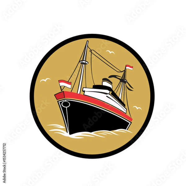 Obraz vector icon illustration of a water ship using a red and white flag sailing with birds flying around the ship using a round frame
