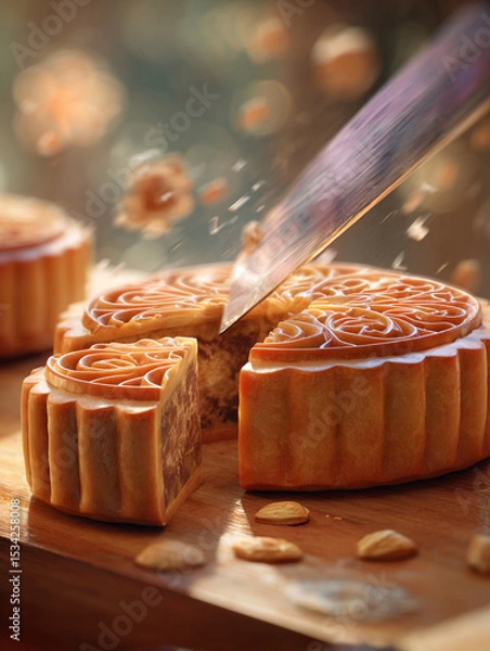 Obraz A mooncake being cut with a knife on a wooden surface with small round cookies