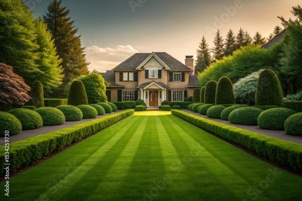 Fototapeta Photorealistic image of a house with manicured lawn, lush garden, and vibrant greenery in natural lighting