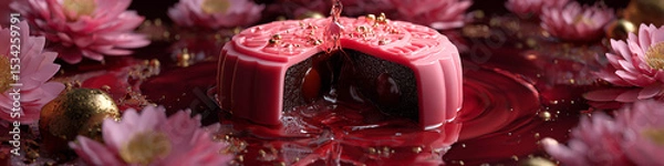 Obraz Close up of a pink mooncake with flowers and liquid being poured on the cake