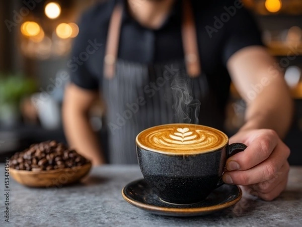 Fototapeta Barista serves latte with artistic foam design