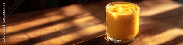 Obraz A glass of mango smoothie on a wooden table with sunlight shining through it