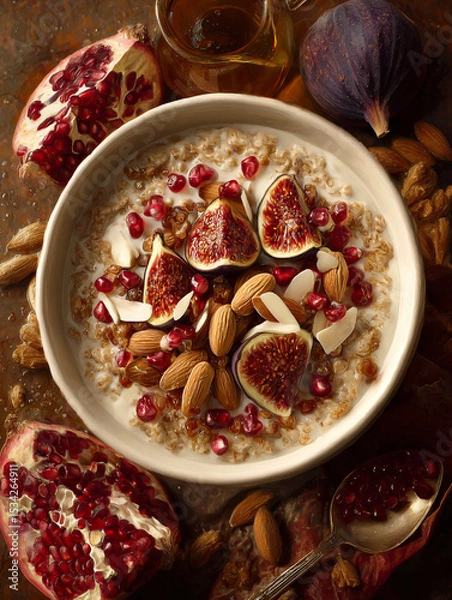 Obraz A bowl of oatmeal with figs pomegranates and almonds on a rustic brown surface