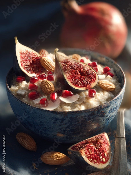 Obraz A bowl of oatmeal topped with figs, almonds, and pomegranate seeds on a table