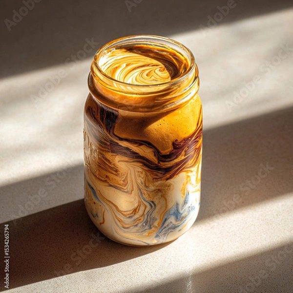 Obraz A close up of a mason jar filled with a creamy coffee drink with light shining