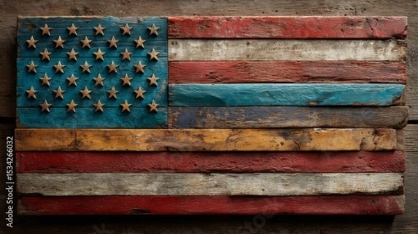 Fototapeta Rustic Wooden American Flag with Weathered Texture