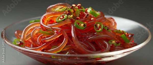 Obraz Close up of a bowl of spicy jelly noodles with chili peppers and sesame seeds