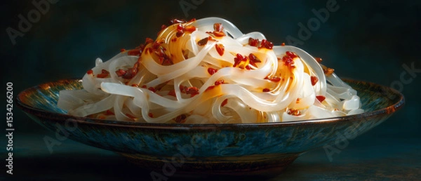 Obraz A bowl of glass noodles with chili oil and red pepper flakes on a blue plate