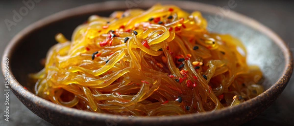 Obraz Close up of japchae noodles in a bowl garnished with sesame seeds and peppers
