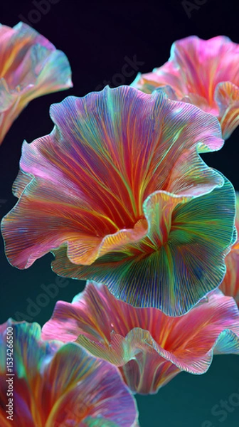 Obraz A cluster of abstract floral shapes with iridescent and vibrant colors glowingly