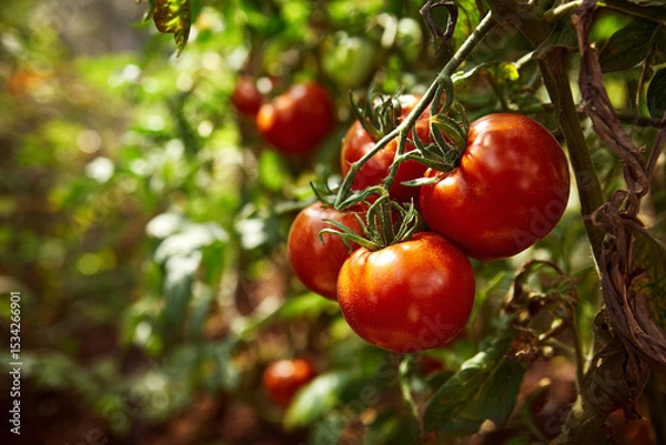 Obraz Close up of ripe red tomatoes hanging on a vine in a garden on a sunny day