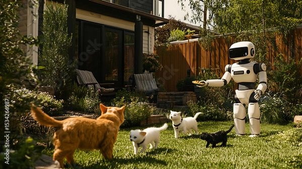 Fototapeta Robot interacts with cats in a sunny backyard setting