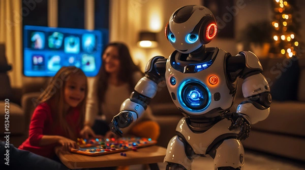 Fototapeta A futuristic robot interacts with a family in a cozy living room setting.