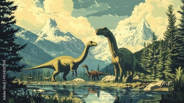Fototapeta Two large dinosaurs and two smaller ones near a lake in a mountainous landscape, with tall trees and a cloudy sky.