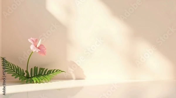 Obraz Glossy ivory surface with minimal floral accent and soft shadows, elegant composition for branding or overlay.