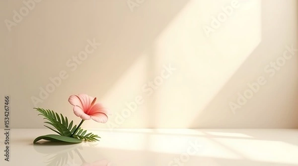 Obraz Glossy ivory surface with minimal floral accent and soft shadows, elegant composition for branding or overlay.