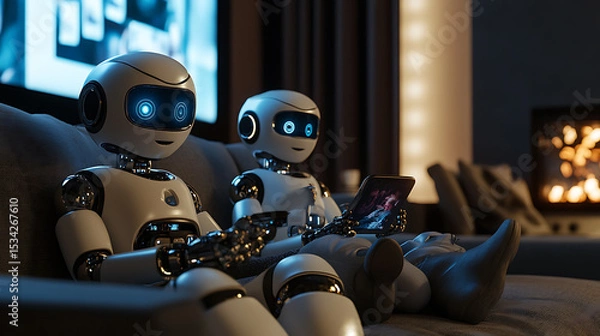 Fototapeta Two humanoid robots relaxing on a couch, watching media on a tablet in a cozy room