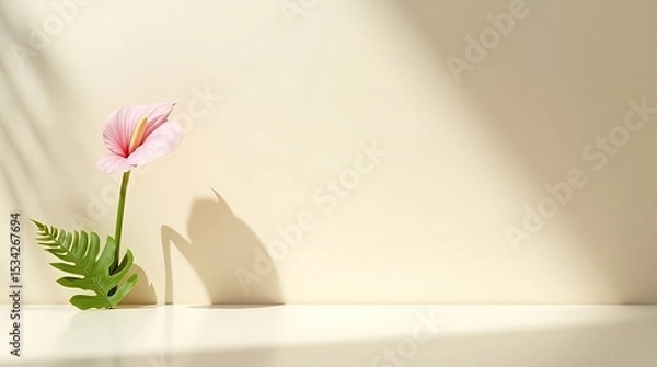 Obraz Glossy ivory surface with minimal floral accent and soft shadows, elegant composition for branding or overlay.