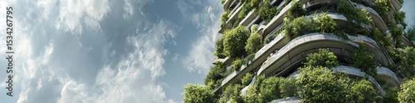 Obraz A low angle view of a green building with plants and a cloudy sky behind it