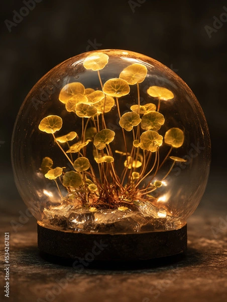 Obraz A glowing terrarium with small round leaves inside a glass dome on dark surface