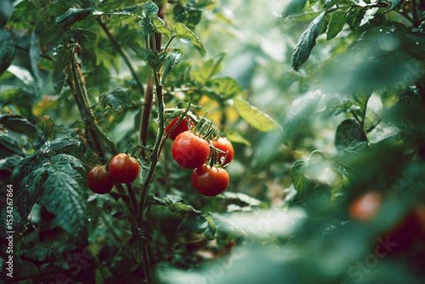 Obraz Ripe tomatoes growing on a vine surrounded by green leaves in a garden setting