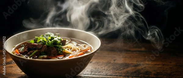 Obraz A steaming bowl of noodle soup with meat and vegetables on a wooden surface