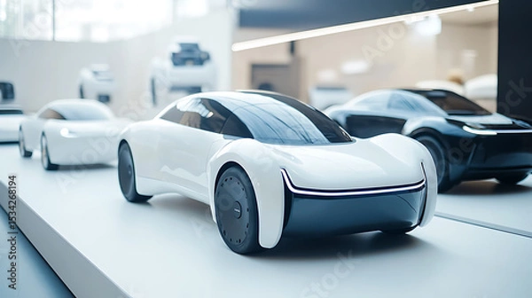Fototapeta Modern Futuristic Car Models on Display in a Gallery