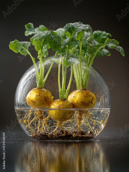Obraz Three turnips growing in a glass bowl with water and visible roots and green tops