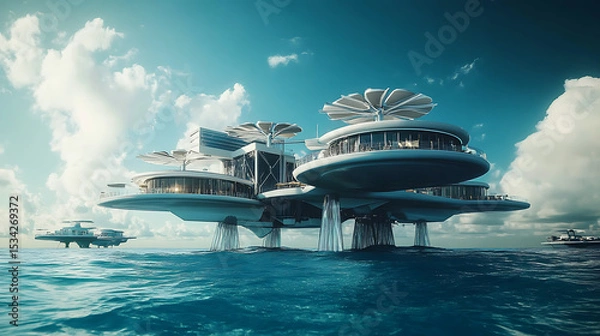 Fototapeta Futuristic Floating Architecture on the Ocean with Cloudy Sky