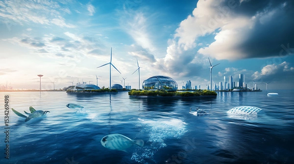 Fototapeta Futuristic Floating City with Wind Turbines and Aquatic Life
