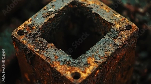 Obraz Rusted metal cube, worn, distressed, and corroded