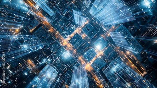 Fototapeta Futuristic Cityscape with Illuminated Skyscrapers and Interconnected Light Streams
