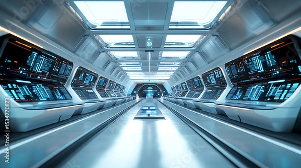 Fototapeta Futuristic Control Room with Advanced Technology and Illuminated Panels