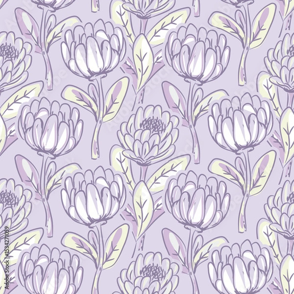 Fototapeta Protea flowers seamless pattern with on light violet background. Exotic floral wallpaper. Hand drawn style tileable texture for textile and wallpaper print.