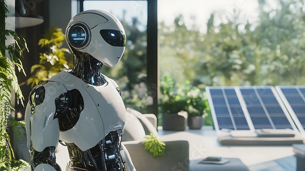 Fototapeta Advanced Robot in a Modern, Eco-Friendly Office Setting