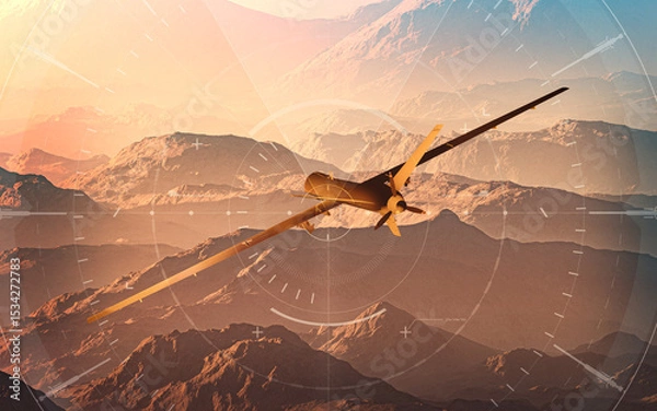 Obraz Satellite view of land, war operations, sci-fi. Military target. Drone flying over an area. Military operation. Undercover operation. Mountain reliefs and plains. Radar. Hud.