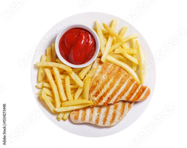 Fototapeta plate of grilled turkey and french fries isolated on transparent background, top view