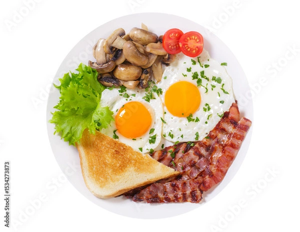 Fototapeta plate of fried eggs, bacon, mushrooms and toast isolated on transparent background, top view