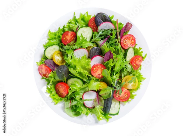 Fototapeta plate of salad with fresh vegetables isolated on transparent background, top view