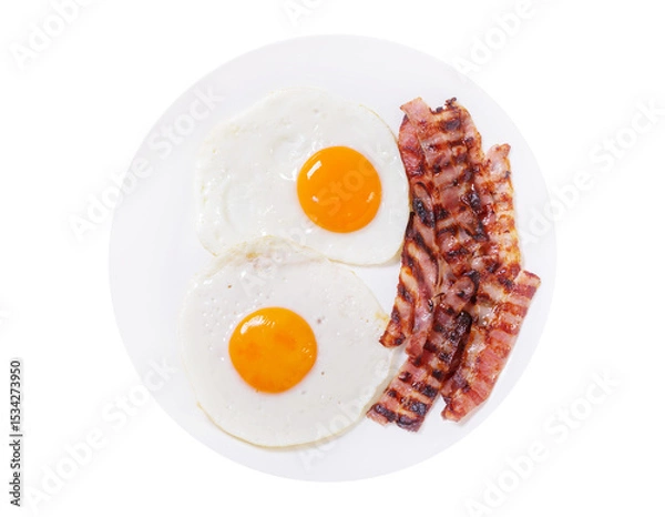 Fototapeta plate of fried eggs and bacon isolated on transparent background, top view