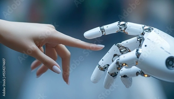 Obraz Close-up of a human hand and robot hand, touching