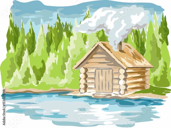 Fototapeta Log cabin by the lake with smoke rising from the chimney in summer  