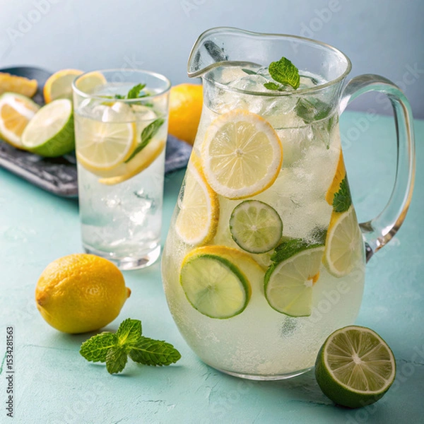 Fototapeta Cool summer drink: a jug of iced lemonade garnished with vibrant lemon, lime, and fresh mint.