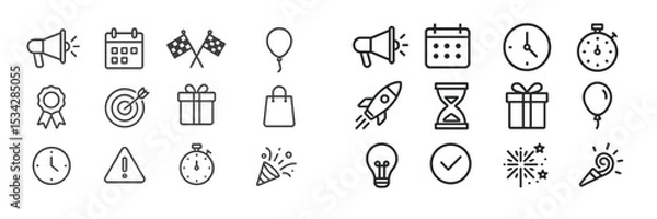 Fototapeta Vector flat illustration of various celebration and event icons in a simple, modern design featuring balloons, timers, and festive elements
